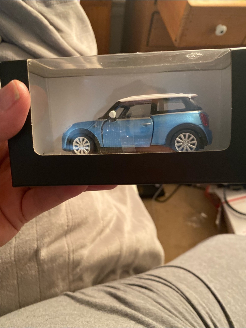 Source Unknown Blue Mini Cooper Model with White Roof